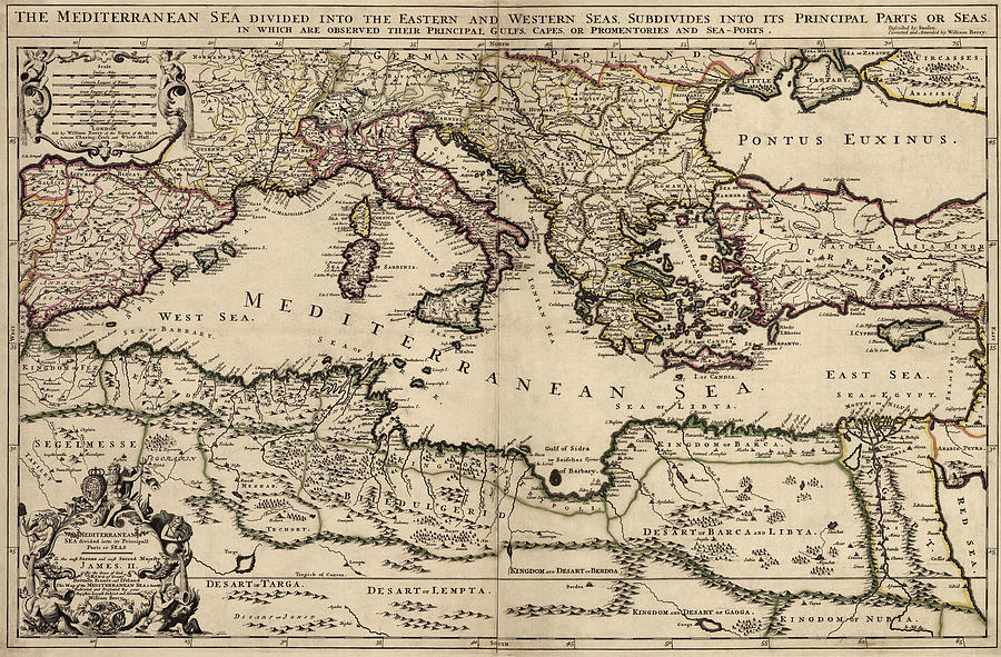 Antique Map of the Mediterranean Region by William Berry - 1685 Drawing by Blue Monocle