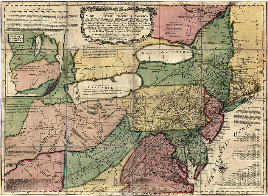Antique Map of the Middle American Colonies by Thomas Jefferys - 1758 Drawing by Blue Monocle