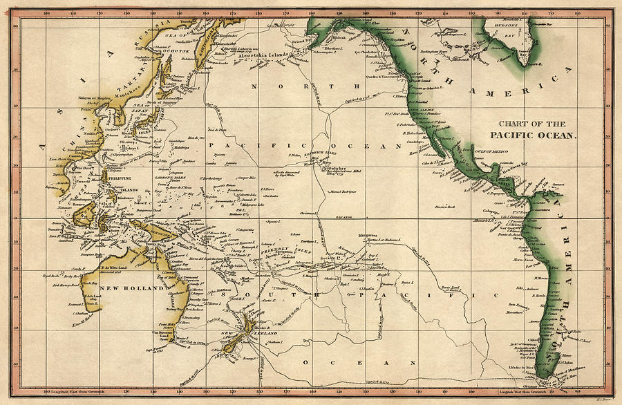 Antique Map of the Pacific Ocean by Henry Schenck Tanner - circa 1820 Drawing by Blue Monocle