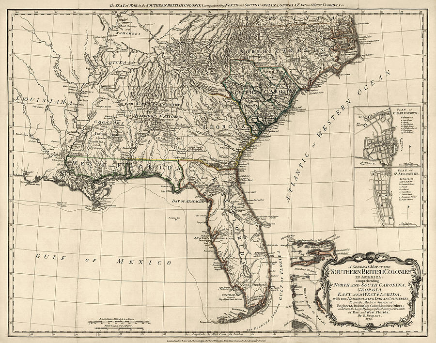 Antique Map of the Southeastern United States by Bernard Romans - 1776 Drawing by Blue Monocle
