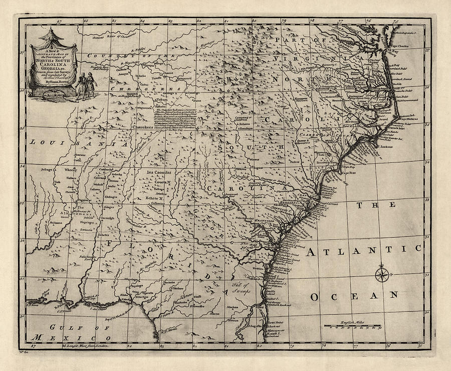 Antique Map of the Southern American Colonies by Emanuel Bowen - 1752 Drawing by Blue Monocle