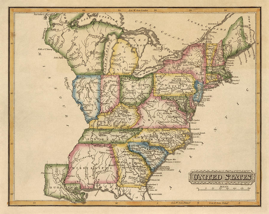 Antique Map of the United States by Fielding Lucas - circa 1817 Drawing by Blue Monocle