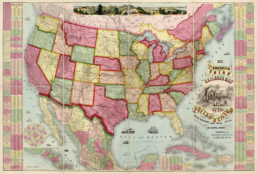Antique Map of the United States by Haasis and Lubrecht - 1872 Drawing by Blue Monocle