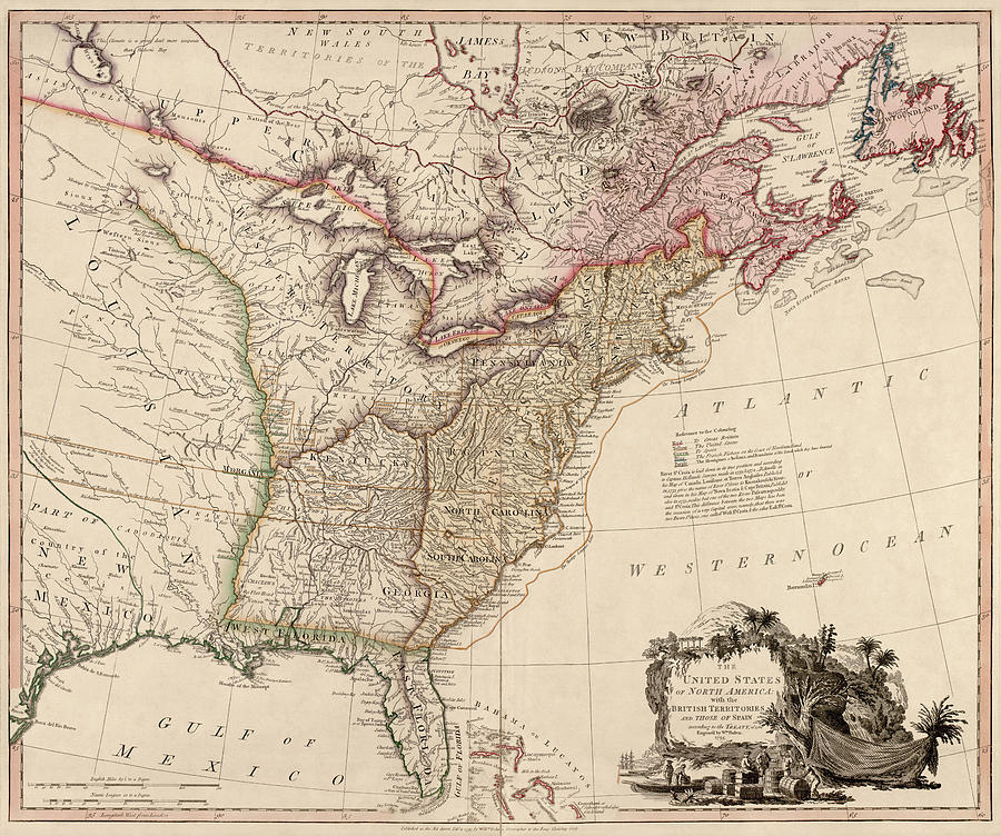 Antique Map of the United States by William Faden - 1793 Drawing by Blue Monocle