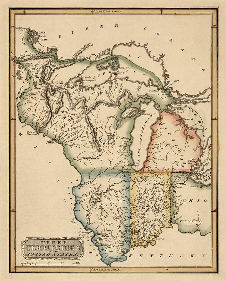Map Drawing - Antique Map of the Upper Midwest US by Fielding Lucas - circa 1817 by Blue Monocle
