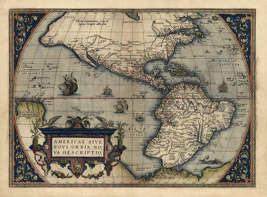 Antique Map of the Western Hemisphere by Abraham Ortelius - 1570 Drawing by Blue Monocle