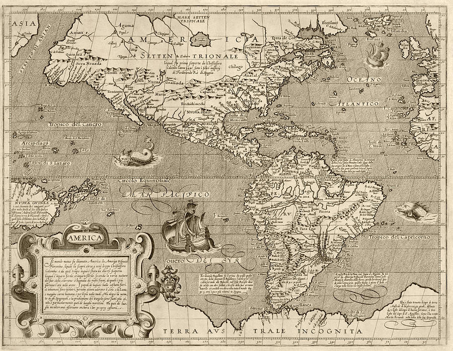 Antique Map of the Western Hemisphere by Arnoldo di Arnoldi - circa 1600 Drawing by Blue Monocle