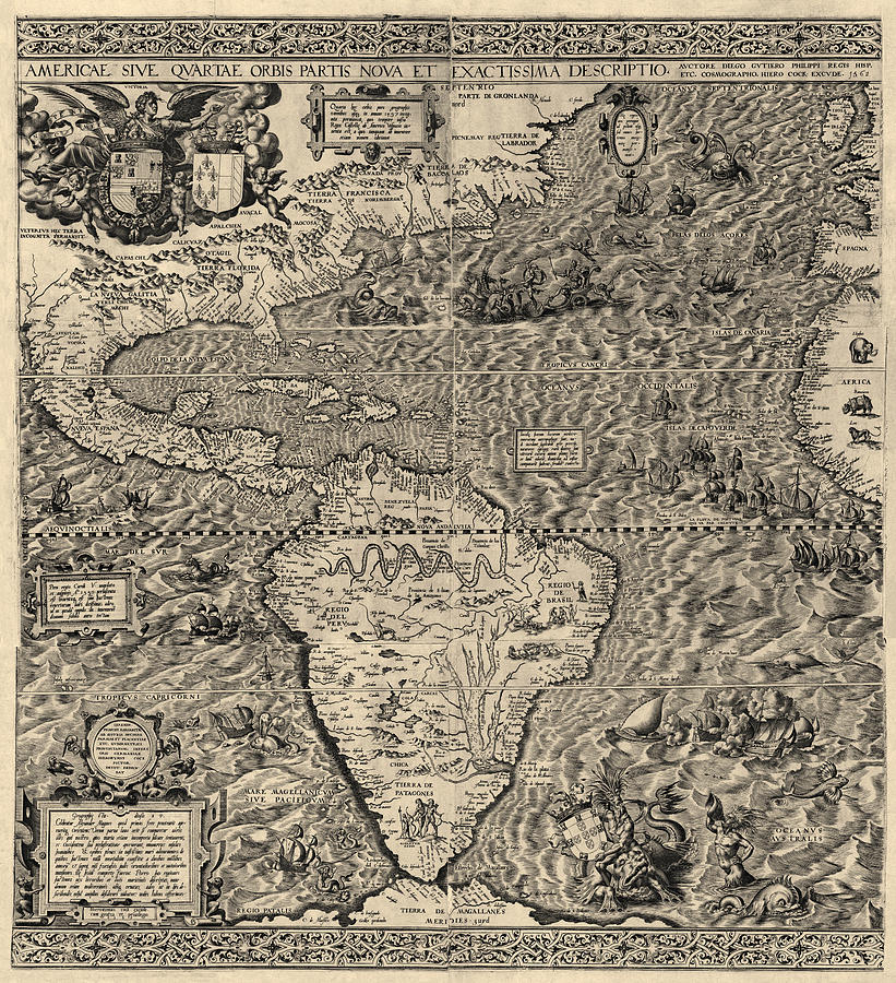Antique Map of the Western Hemisphere by Diego Gutierrez - 1562 Drawing by Blue Monocle