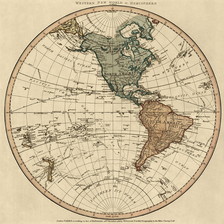 Map Drawing - Antique Map of the Western Hemisphere by William Faden - 1786 by Blue Monocle
