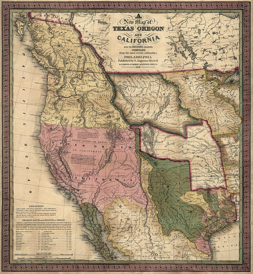 Antique Map of the Western United States by Samuel Augustus Mitchell - 1846 Drawing by Blue Monocle