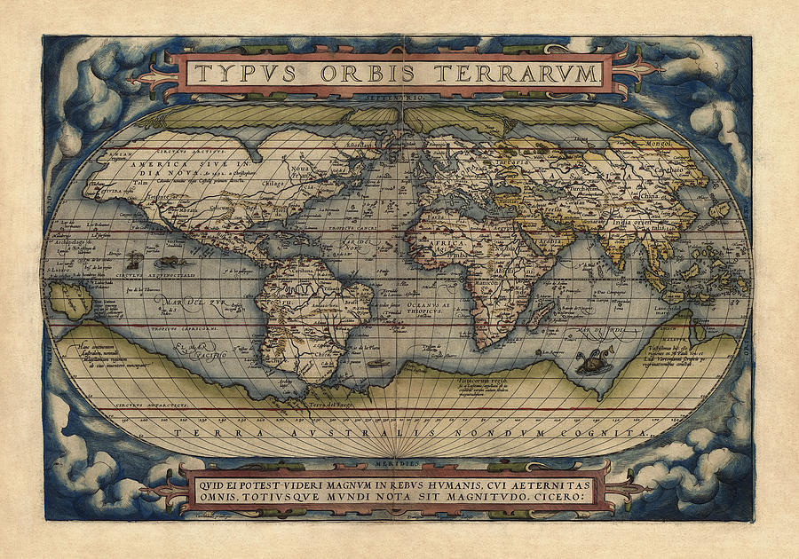 Map Drawing - Antique Map of the World by Abraham Ortelius - 1570 by Blue Monocle