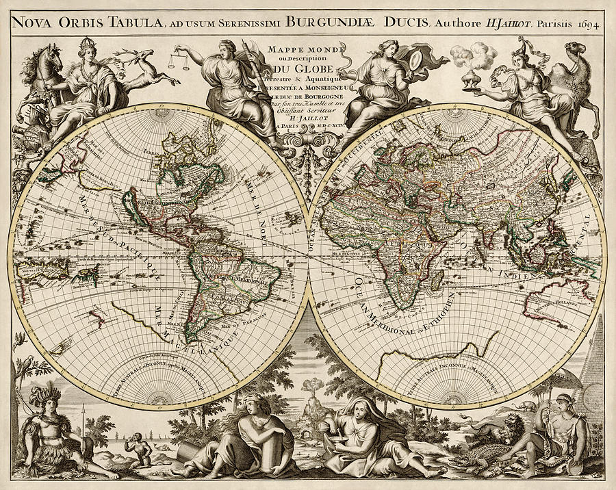 Antique Map of the World by Alexis Hubert Jaillot - 1694 Drawing by Blue Monocle