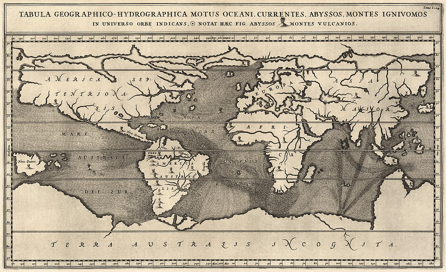 Antique Map of the World by Athanasius Kircher - 1668 Drawing by Blue Monocle