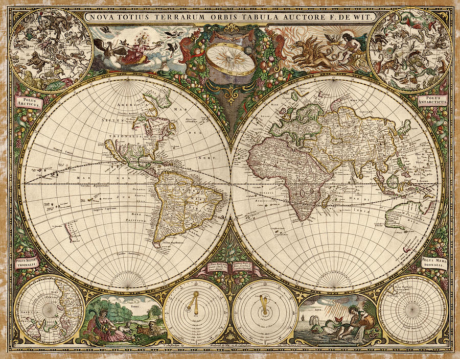 Antique Map of the World by Frederik de Wit - 1660 Drawing by Blue Monocle