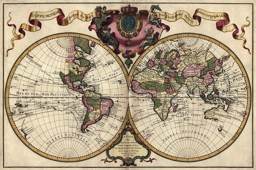 Antique Map of the World by Guillaume Delisle - 1720 Drawing by Blue Monocle