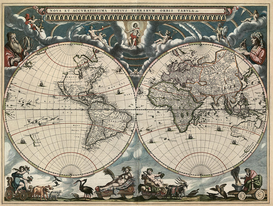 Antique Map of the World by Joan Blaeu - 1664 Drawing by Blue Monocle