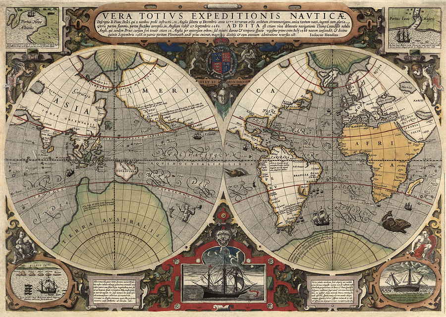 Map Drawing - Antique Map of the World by Jodocus Hondius - circa 1565 by Blue Monocle