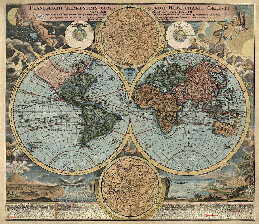 Map Drawing - Antique Map of the World by Johann Baptist Homann - circa 1716 by Blue Monocle