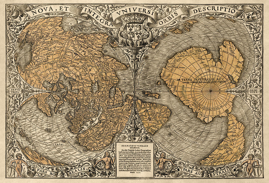 Map Drawing - Antique Map of the World by Oronce Fine - 1531 by Blue Monocle