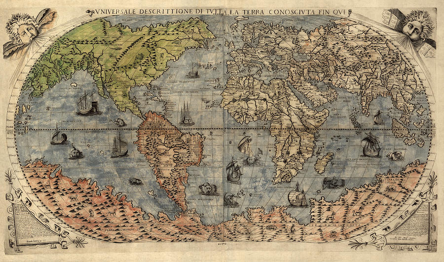 Map Drawing - Antique Map of the World by Paolo Forlani - 1565 by Blue Monocle