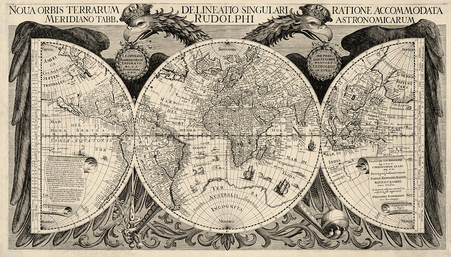 Antique Map of the World by Philipp Eckebrecht - 1630 Drawing by Blue Monocle