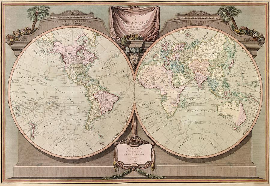 Map Drawing - Antique Map of the World by Robert Laurie and James Whittle - 1808 by Blue Monocle