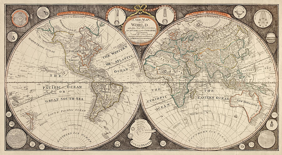 Antique Map of the World by Thomas Kitchen - 1799 Drawing by Blue Monocle