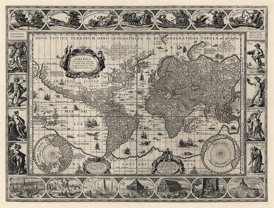 Map Drawing - Antique Map of the World by Willem Janszoon Blaeu - 1606 by Blue Monocle