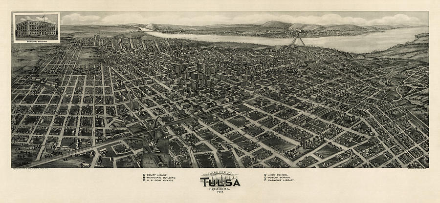 Antique Map of Tulsa Oklahoma by Fowler and Kelly - 1918 Drawing by Blue Monocle