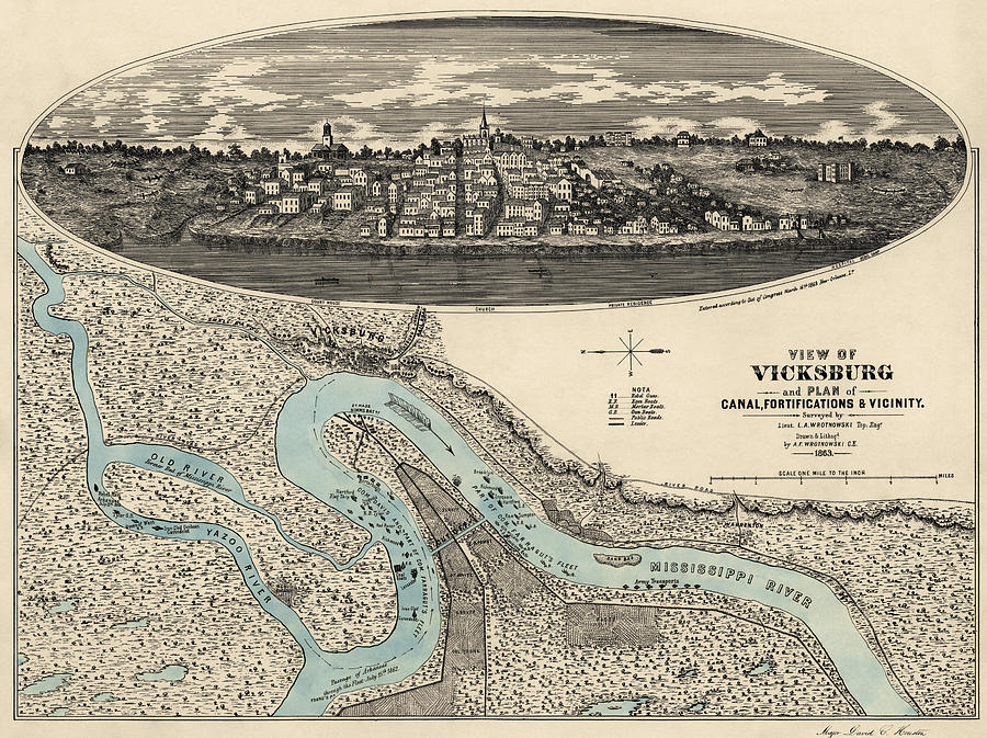 Map Drawing - Antique Map of Vicksburg Mississippi by L. A. Wrotnowski - 1863 by Blue Monocle