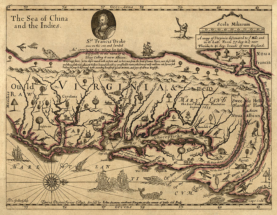 Antique Map of Virginia and Maryland by John Farrer - circa 1667 Drawing by Blue Monocle
