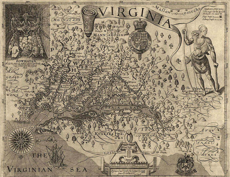 Antique Map of Virginia and Maryland by John Smith - 1624 Drawing by Blue Monocle