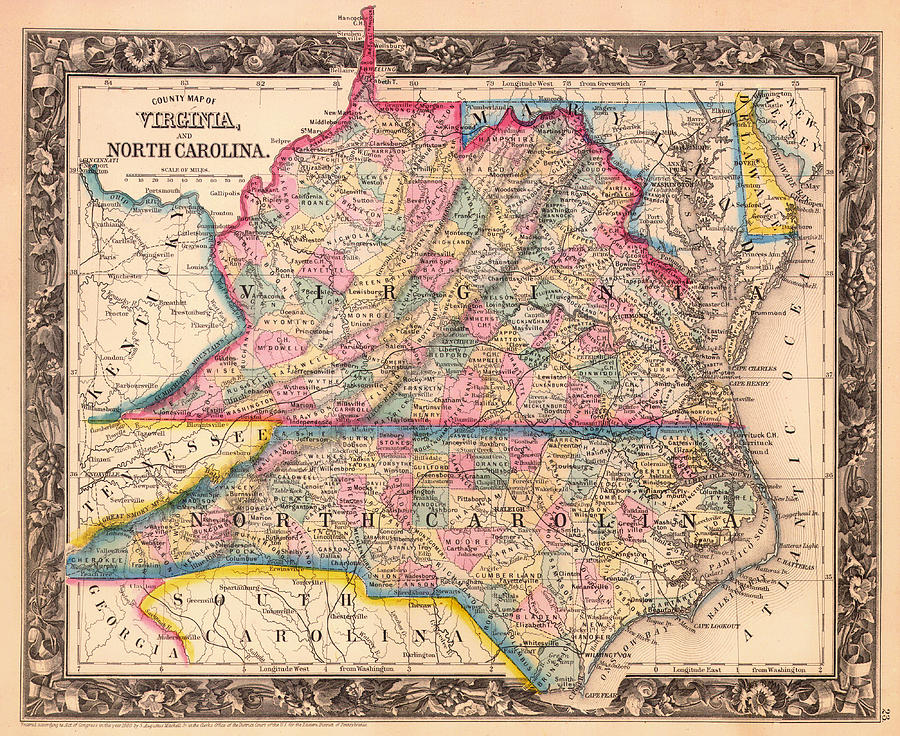 Map Drawing - Antique Map of Virginia and North Carolina 1860 by Mountain Dreams