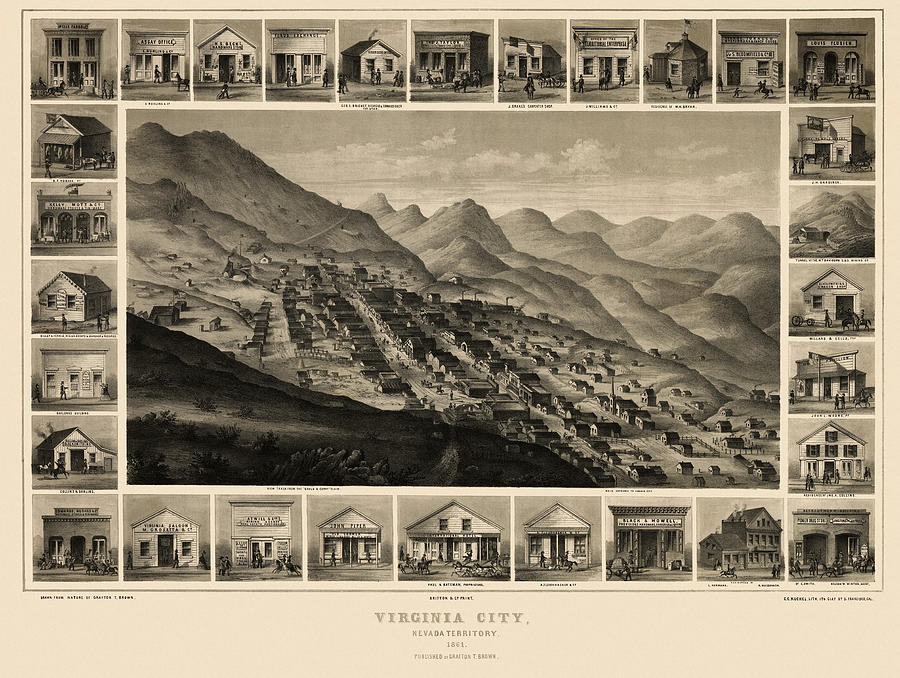 Antique Map of Virginia City Nevada by Charles Conrad Kuchel - 1861 Drawing by Blue Monocle
