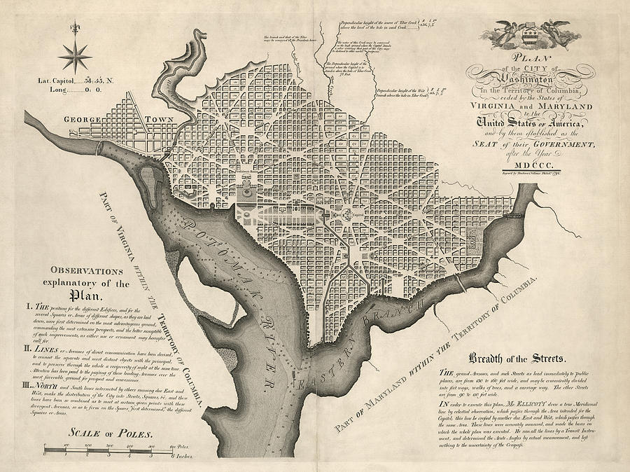 Washington D.c. Drawing - Antique Map of Washington DC by Andrew Ellicott - 1792 by Blue Monocle