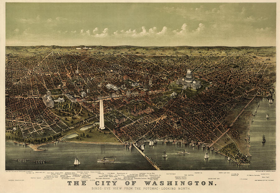 Currier And Ives Drawing - Antique Map of Washington DC by Currier and Ives - circa 1892 by Blue Monocle