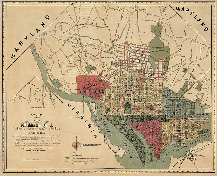 Washington D.c. Drawing - Antique Map of Washington DC by R. E. Whitman - 1887 by Blue Monocle