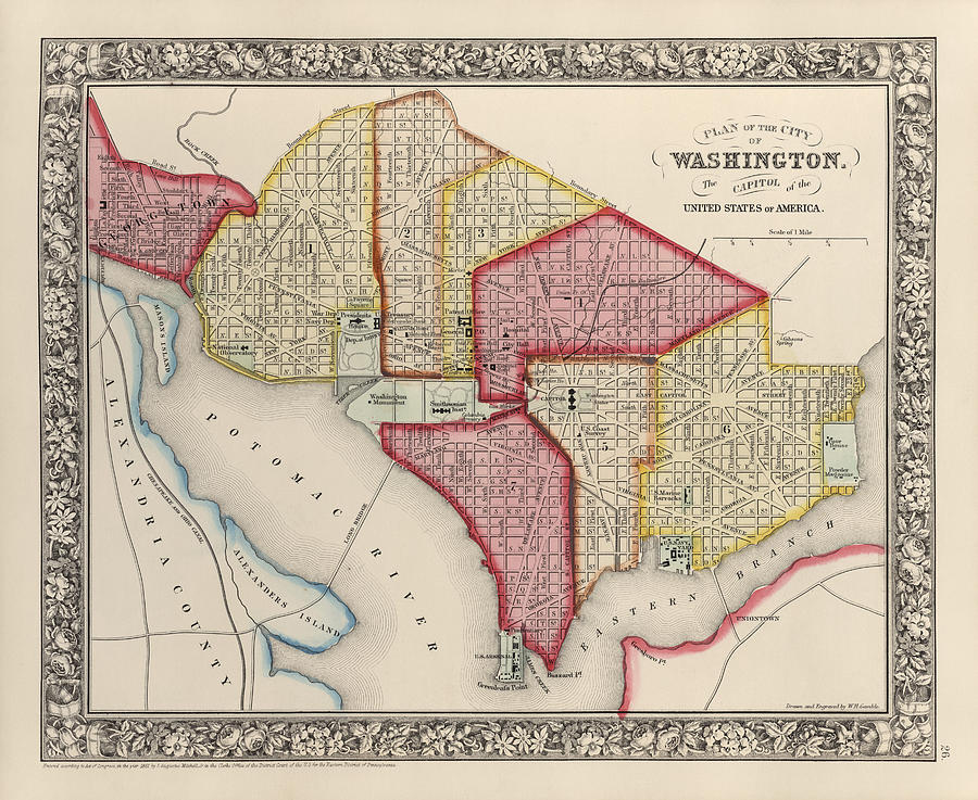Antique Map of Washington DC by Samuel Augustus Mitchell - 1863 Drawing by Blue Monocle