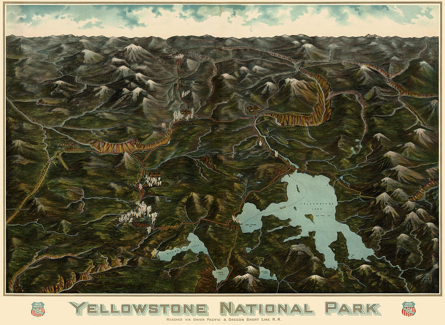 Yellowstone National Park Drawing - Antique Map of Yellowstone National Park by the Union Pacific Railroad Co. - circa 1900 by Blue Monocle