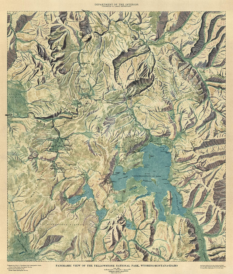Yellowstone National Park Drawing - Antique Map of Yellowstone National Park by the USGS - 1915 by Blue Monocle