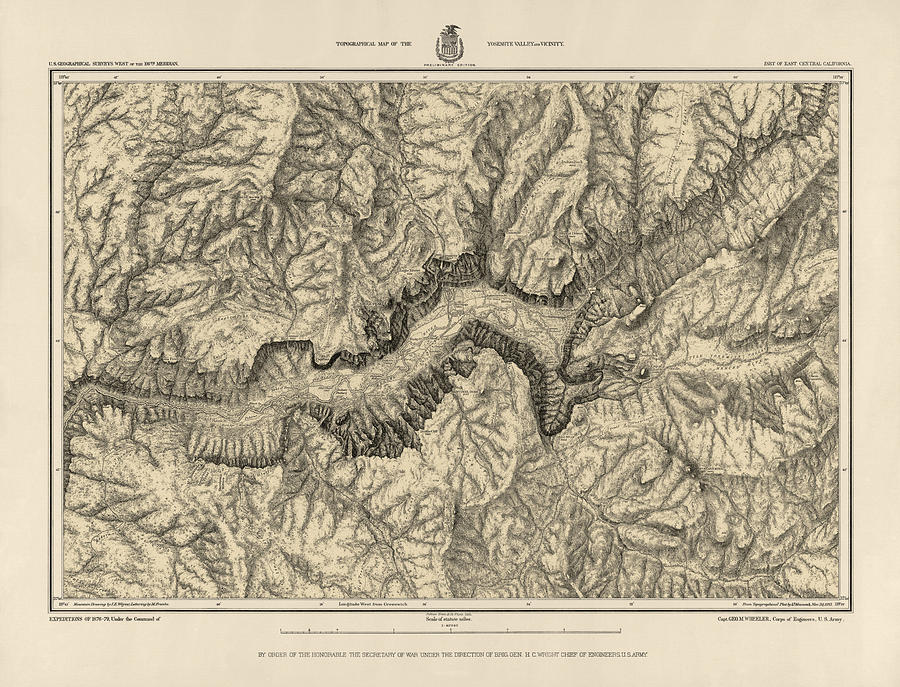 Antique Map of Yosemite National Park by George M. Wheeler - circa 1884 Drawing by Blue Monocle