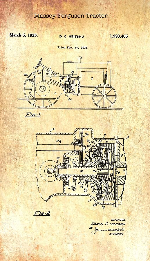 Vintage Drawing - Antique Massey-Ferguson Tractor Patent 1935 by Mountain Dreams