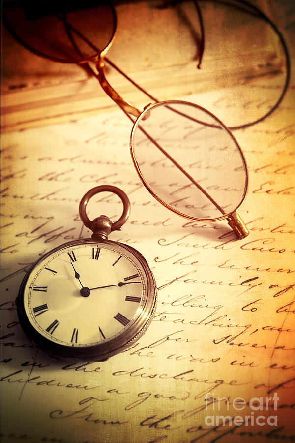 Antique pocket watch with glasses on letter Photograph by Sandra Cunningham
