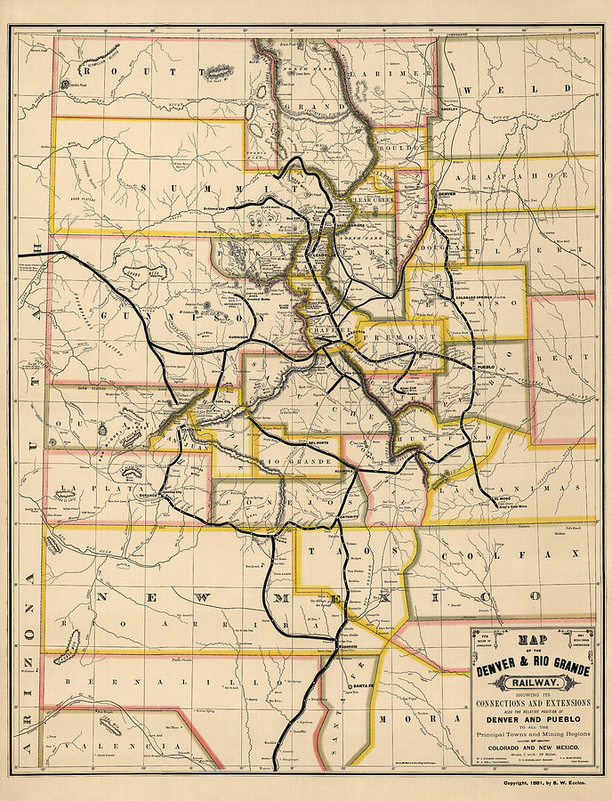 Colorado Map Drawing - Antique Railroad Map of Colorado and New Mexico by S. W. Eccles - 1881 by Blue Monocle