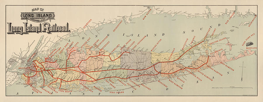 New York City Drawing - Antique Railroad Map of Long Island by the American Bank Note Company - circa 1895 by Blue Monocle