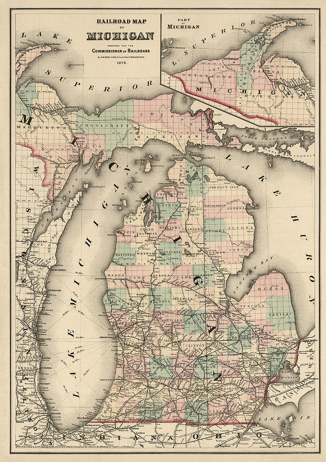Michigan Map Drawing - Antique Railroad Map of Michigan by Colton and Co. - 1876 by Blue Monocle