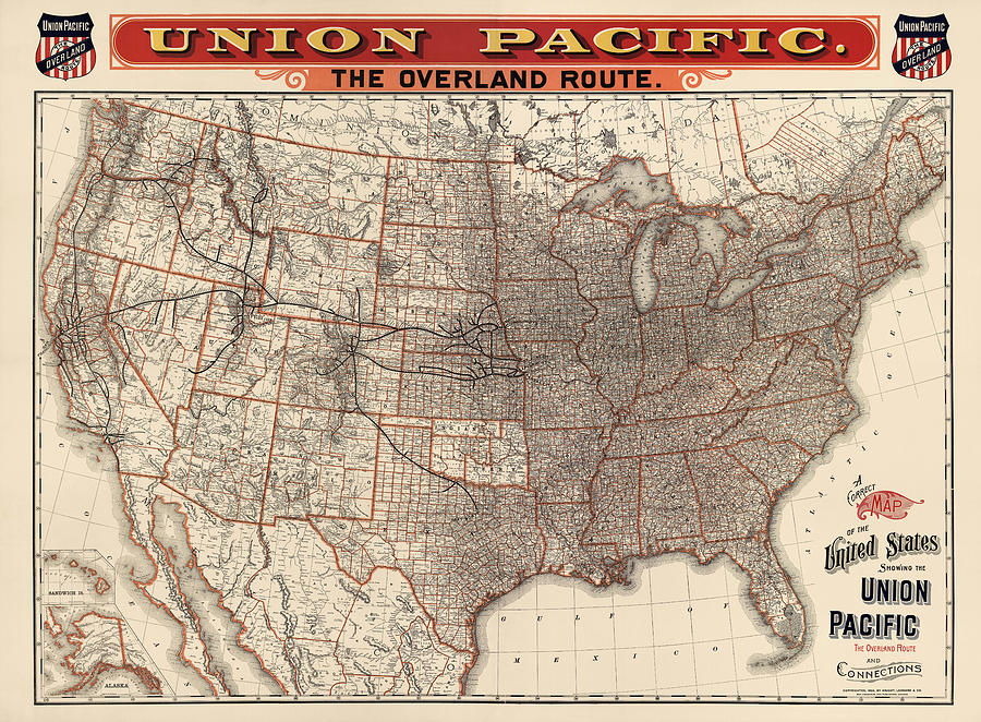 Map Drawing - Antique Railroad Map of the United States - Union Pacific - 1892 by Blue Monocle