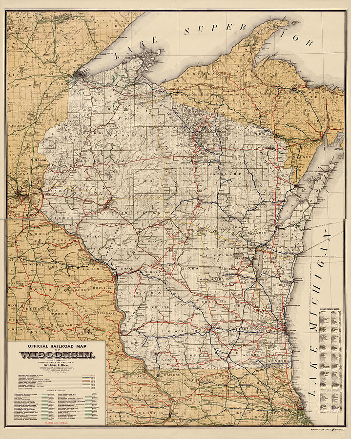 Wisconsin Map Drawing - Antique Railroad Map of Wisconsin - 1900 by Blue Monocle