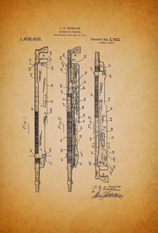Vintage Drawing - Antique Remington Automatic Firearm Patent 1922 by Mountain Dreams