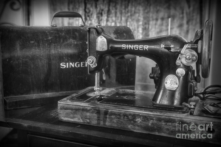 Vintage Photograph - Antique Sewing Machine in Black and White by Paul Ward